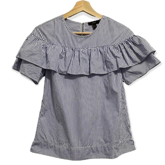 J. Crew Blouse Cotton Edie Ruffle Seersucker Striped Blue White Womens 00 - Picture 2 of 12